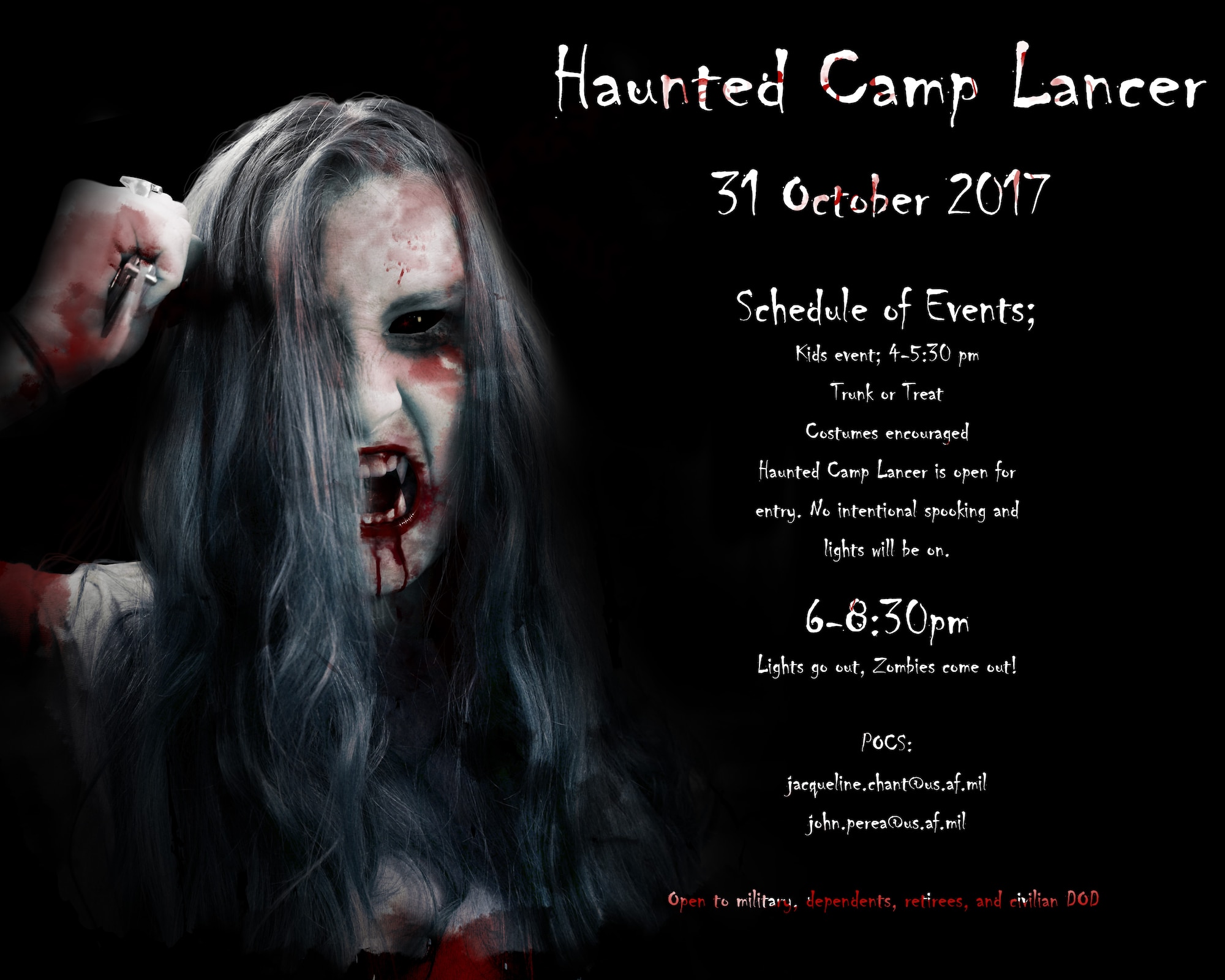 Camp Lancer Graphic V3)
Haunted Camp Lancer makes its return to Ellsworth Air Force Base, S.D., for its second year on Oct. 31, 2017. The one-night-only event offers activates for all age groups, including Trunk or Treat and haunted attractions with various spooky themes. (U.S. Air Force graphic by Staff Sgt. Sarah M. Denewellis)