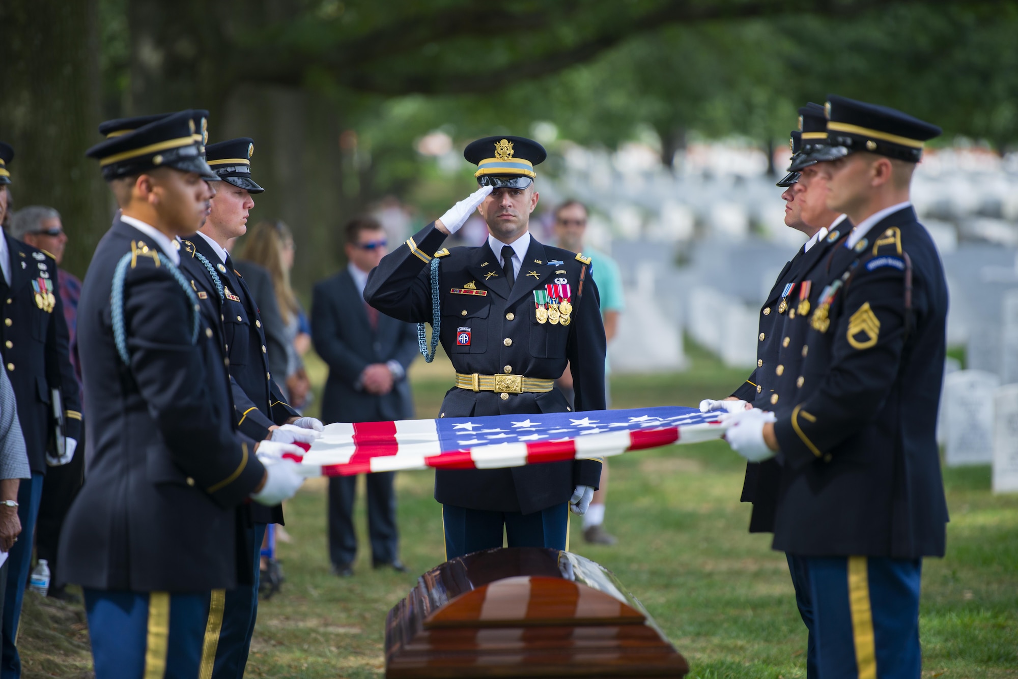 Members of the 3d U.S. Infantry Regiment (The Old Guard) participate in the full honors service for Army Air Forces 1st. Lt. Francis Pitonyak at Arlington National Cemetery, Arlington, Va., Sept. 22, 2017. Pitonyak, a member of the 36th Fighter Group, 8th Fighter Squadron during WWII, went missing in October 1943 during deteriorating weather conditions and lost visibility near Port Moresby, Territory of Papua. His remains were identified by a Defense POW/MIA Accounting Agency recovery team in July 2016 from dental remains recovered from a crash site in Papua New Guinea. (U.S. Army photo by Elizabeth Fraser)