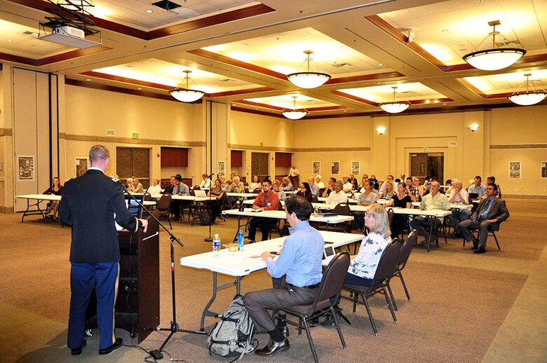 Col. Kirk Gibbs, commander of the U.S. Army Corps of Engineers Los Angeles District, kicks Aliso Creek Mainstem Ecosystem Restoration Study public meeting held Oct. 17 in Laguna Hills.