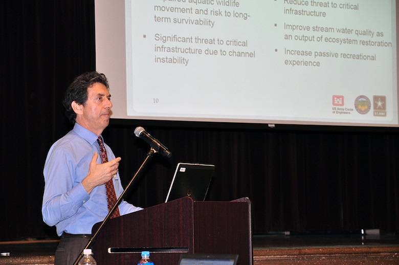 Jon Vivanti, chief of the LA District's Water Resources Planning Section A and the lead planner for the study , describes the challenges and opportunities associated with the Aliso Creek Mainstem Ecosystem Restoration Study during a public meeting held Oct. 17 in Laguna Hills.