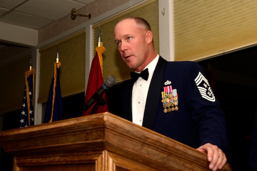 Montana Air National Guard Command Chief Master Sgt. Timothy Zumbrun served as master of ceremonies for the MTANG Chief Induction Ceremony held at the Meadowlark Country Club in Great Falls, Mont., Oct. 14, 2017. Chief Master Sgts. Chad W. Anderson, Joel R. Clum, Lynn U. Oatman and Sean P. O'Connell were inducted during the ceremony into the top United States Air Force enlisted rank. (U.S. Air National Guard photo/Senior Master Sgt. Eric Peterson)