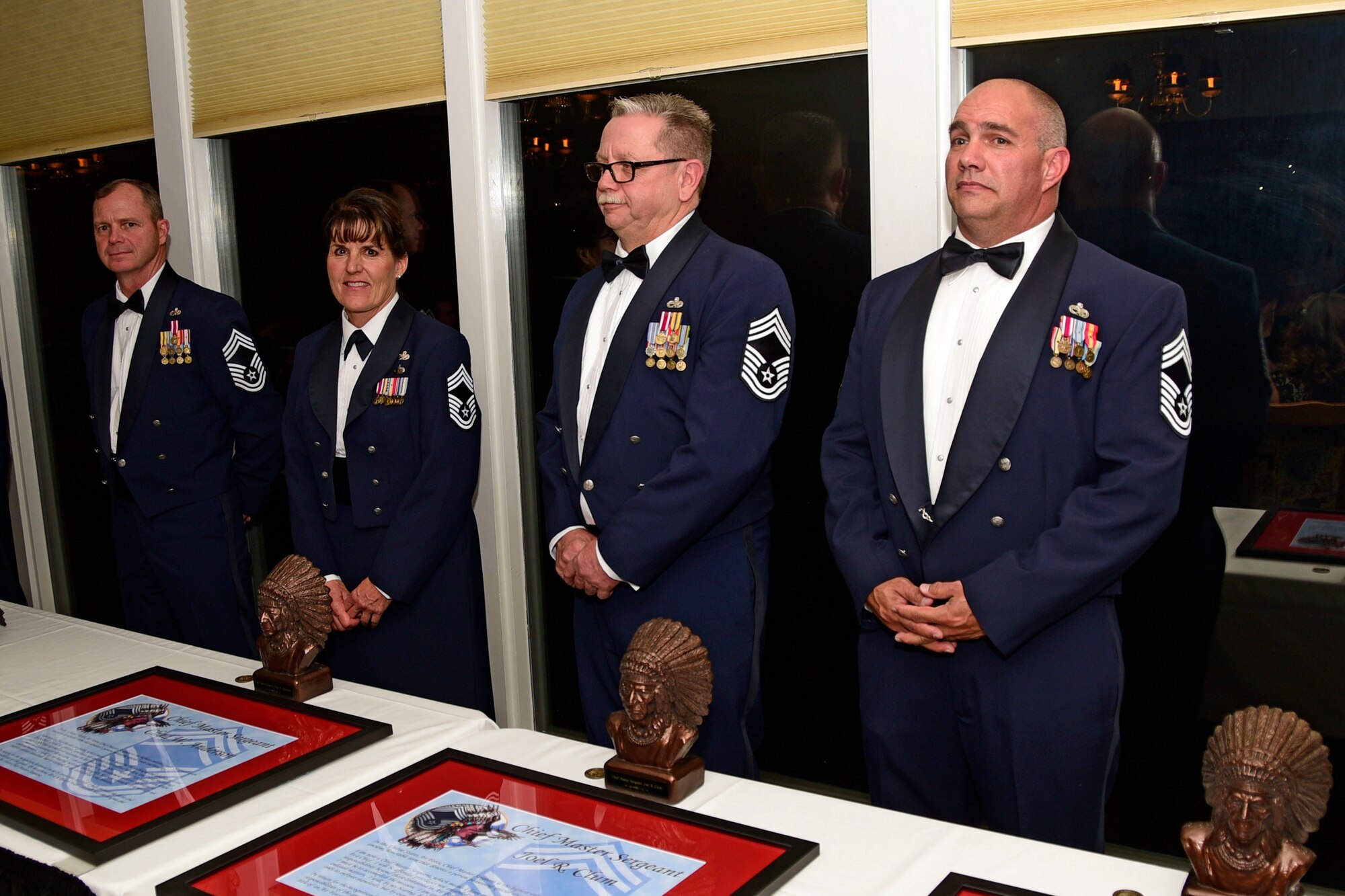 Montana Air National Guard Chief Master Sgts. Chad W. Anderson, Joel R. Clum, Lynn U. Oatman and Sean P. O'Connell were inducted into the top United States Air Force enlisted rank during the MTANG Chief Induction Ceremony held at the Meadowlark Country Club in Great Falls, Mont., Oct. 14, 2017. (U.S. Air National Guard photo/Senior Master Sgt. Eric Peterson)