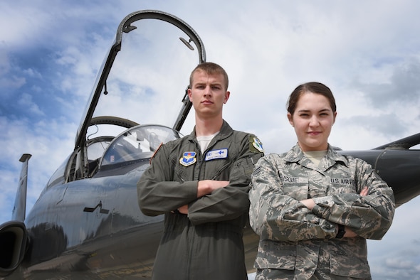 Second Lt. Matthew Frizzell, 47th Student Squadron student pilot, and Senior Airman Juliana Busque, 47th Flying Training Wing administration technician, are representing a new medical liaison program taking flight at Laughlin Air Force Base, Texas. Busque is a member of the 47th Medical Group who is serving as a link between the medical group and the undergraduate pilot training students, providing them the answers they need during the year long flight course. (U.S. Air Force photo/Airman 1st Class Anne McCready)