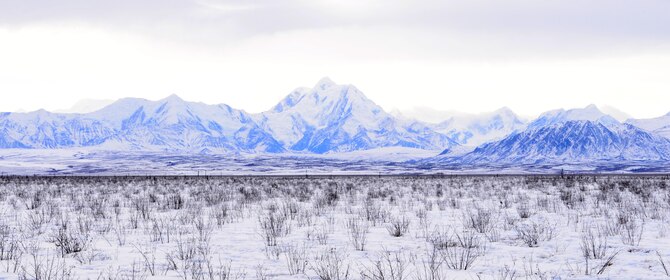 Mountains are seen in the background on the Joint Pacific Alaska Range Complex, March 1, 2016, in Delta Junction, Alaska.