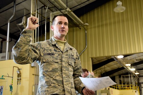 219th RED HORSE Squadron Emergency Manager Master Sgt. Coltin Sweeney instructs squadron members on packing personal equipment during deployment preparation at Malmstrom Air Force Base, Mont., Oct. 4, 2017. Sweeney was the first member of the 219th RHS to graduate from the United States Army Air Assault School at Fort Hood, Texas. (U.S. Air National Guard photo/Senior Master Sgt. Eric Peterson)