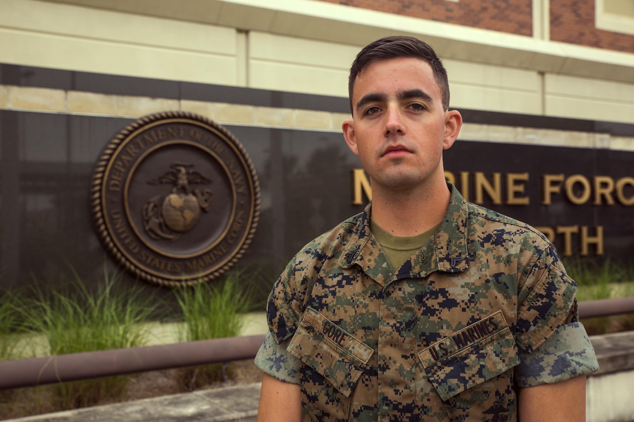 Cpl. Eric Gore, the chemical, biological, radiological and nuclear defense specialist training non-commissioned officer with Headquarters Battalion, Marine Forces Reserve, stands outside of Marine Corps Support Facility in New Orleans, Oct. 16, 2017.