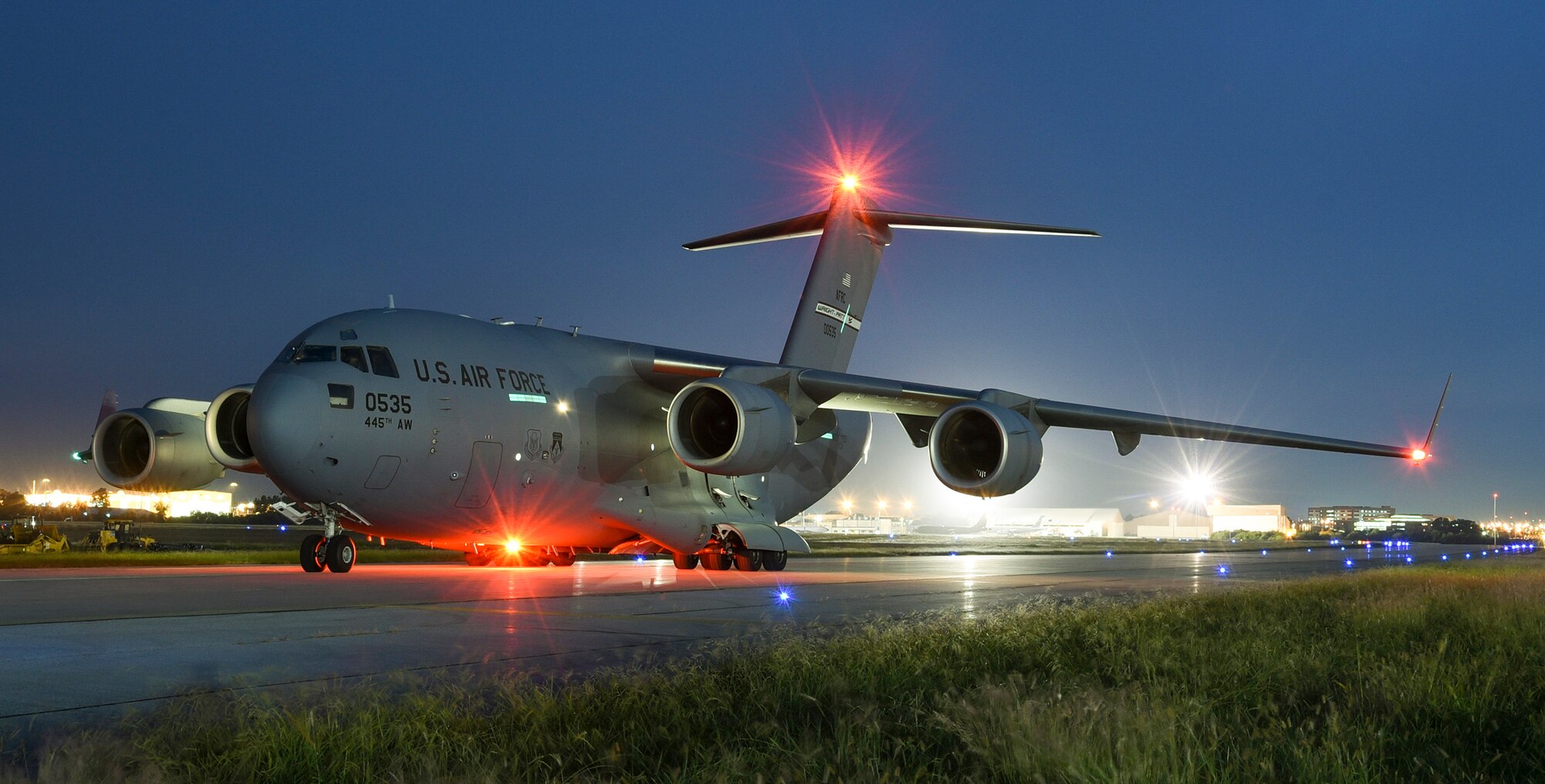 A C-17A Globemaster III from the 445th Airlift Wing, Wright-Patterson Air Force Base, Ohio, Air Force Reserve Command, prepares to take off after picking-up Patriot missiles at Tinker Air Force Base, Oklahoma, Sept. 12, 2017. The C-17A is the primary airlifter used by Air Mobility Command. (U.S. Air Force photo/Greg L. Davis)