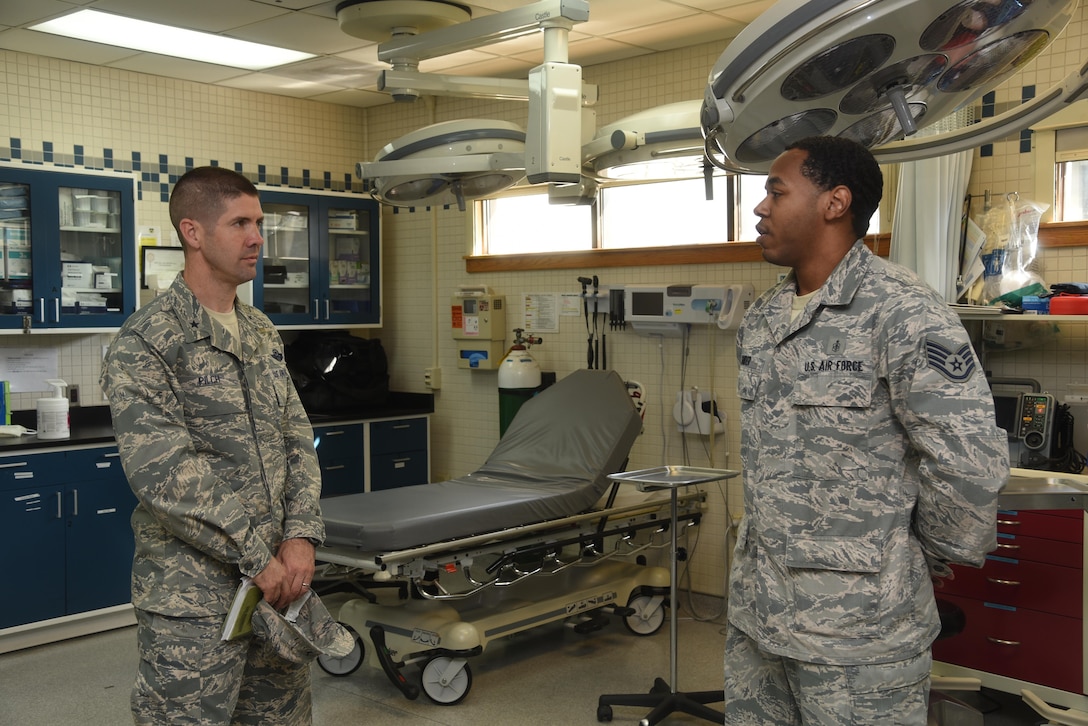 7th AF vice commander, Brig. Gen. Lansing Pilch, receives a brief from an ambulance services technician assigned to the 8th Medical Group.