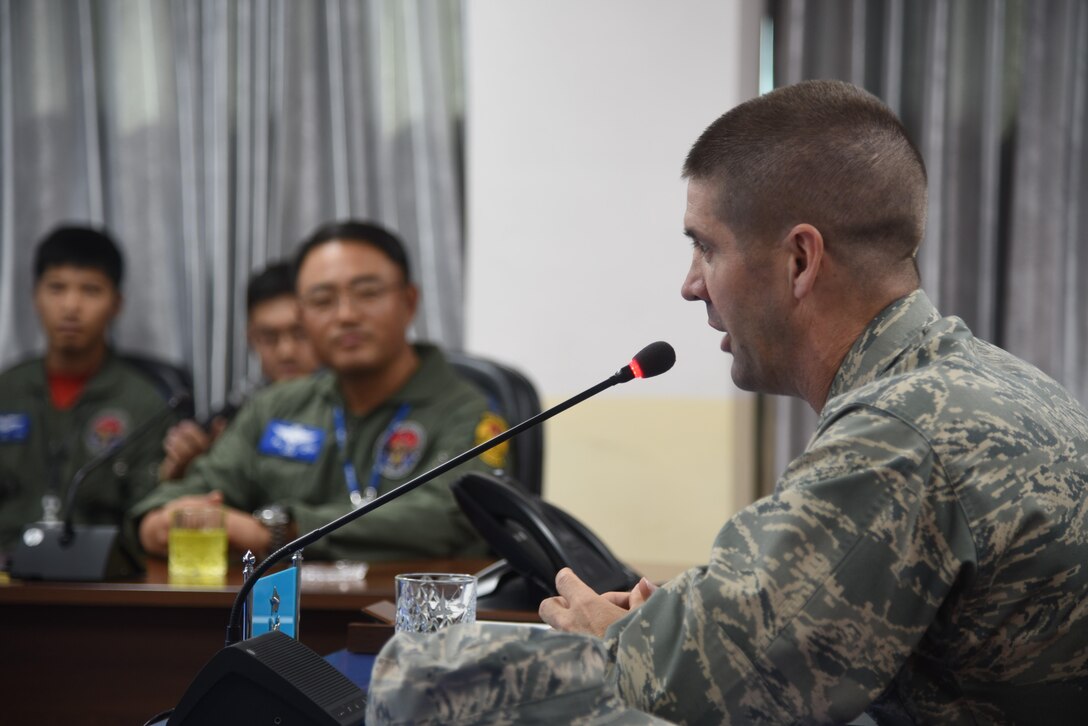 7th AF vice commander, Brig. Gen. Lansing Pilch, addresses leadership of the Republic of Korea Air Force's 38th Fighter Group.