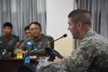 7th AF vice commander, Brig. Gen. Lansing Pilch, addresses leadership of the Republic of Korea Air Force's 38th Fighter Group.