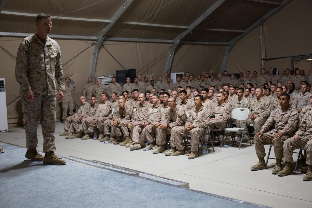 U.S. Marine Lt. Gen. William D. Beydler, commander, U.S. Marine Corps Forces Central Command,  holds a town hall with Marines with the Special Purpose Marine Air-Ground Task Force – Crisis Response – Central Command while in the Middle East Oct. 24, 2017. Beydler addressed the Marines on the importance of readiness while forward deployed, explained his thoughts on what benefits crisis response capabilities provides U.S. Central Command and answered questions.