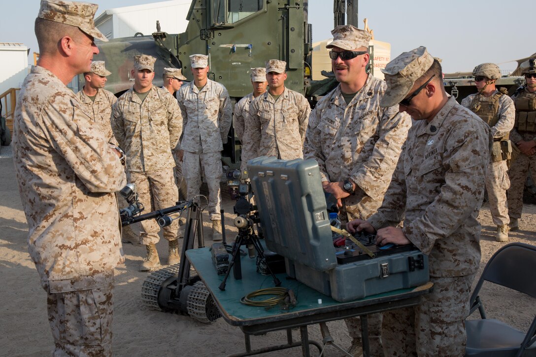U.S Marine Lt. Gen. William D. Beydler, commander, U.S. Marine Corps Forces Central Command, is briefed on the capabilities of Marine Wing Support Squadron 373 (MWSS-373), a major subordinate element of Special Purpose Marine Air-Ground Task Force – Crisis Response – Central Command 17.2 while in the Middle East Oct. 24, 2017. Beydler visited MWSS-373 to listen to questions, share his guidance and discuss their daily operations.