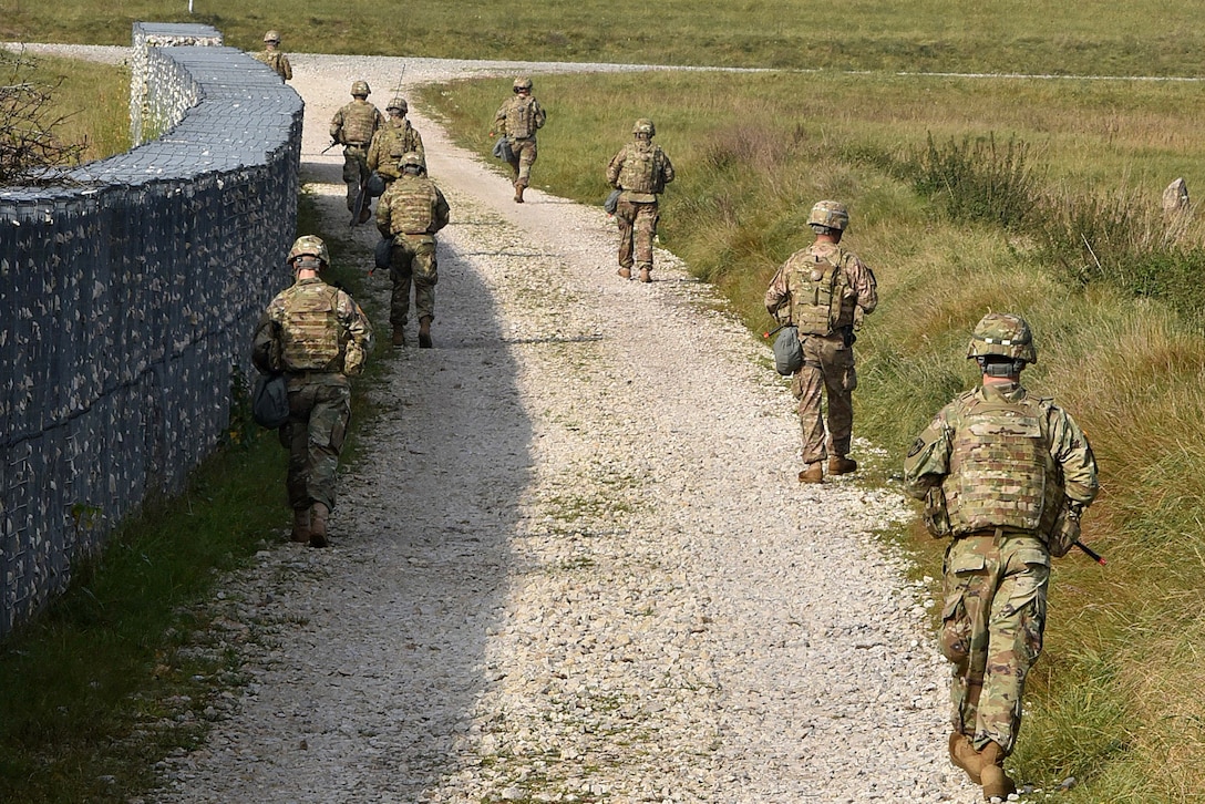 Soldiers conduct a foot patrol during urban operations training.