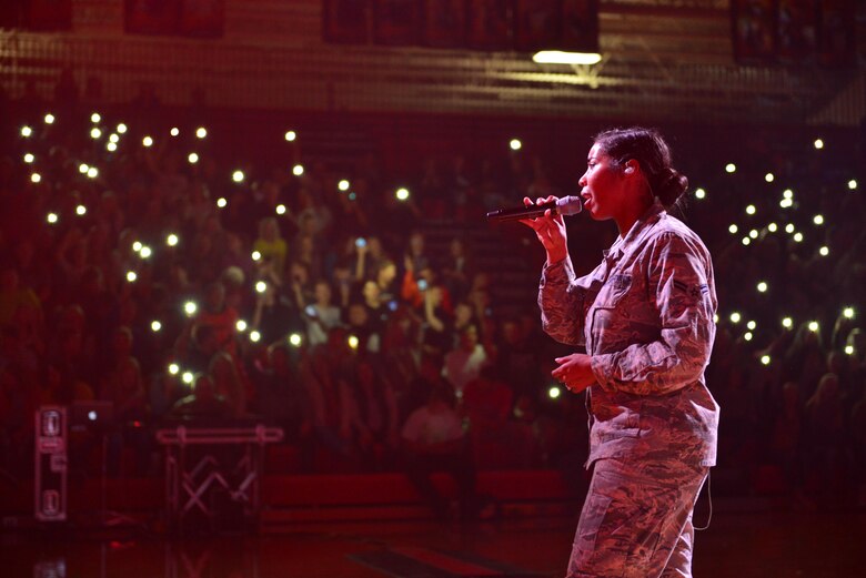 Airman 1st Class Sierra Bailey, a vocalist with the Heartland of America Band’s Raptor ensemble, sings to students at Lennox High School in Lennox, South Dakota, Oct. 12, 2017. The ensemble partnered with local recruiters to teach high school students about the Air Force mission on the tour.