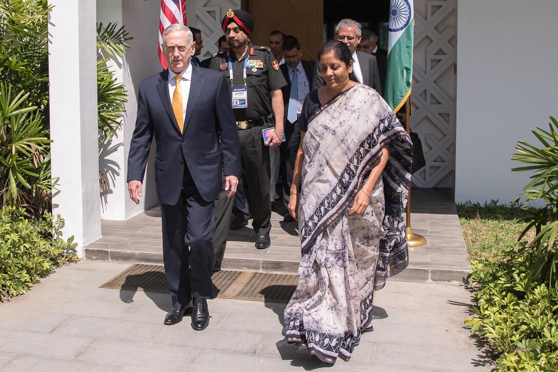 Defense Secretary Jim Mattis speaks with the Indian defense minister.