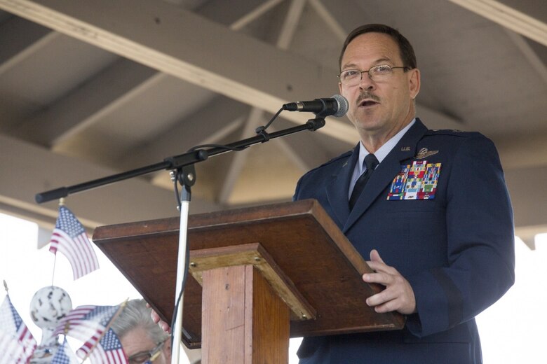 Brig. Gen. Billy Nabors, the Mississippi Air National Guard chief of staff, speaks to attendees about the pride in serving your country, at Mississippi's 200th birthday celebration in Moorhead, Miss., Oct. 19, 2017. The event was held to not only celebrate Mississippi's birthday, but to also memorialize the 15 Marines and one sailor who perished in a C-130 aircraft accident in the neighboring county of Leflore. (U.S. Marine Corps photo by Cpl. Dallas Johnson)