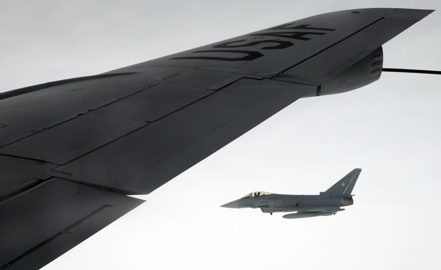 A German air force Tornado flies alongside a U.S. Air Force KC-135 Stratotanker from RAF Mildenhall, England, Oct. 24, 2017, over Germany. The German air force conducts regular training with the U.S. Air Force to continue fostering good relations between NATO allies. (U.S. Air Force photo by Airman 1st Class Benjamin Cooper)