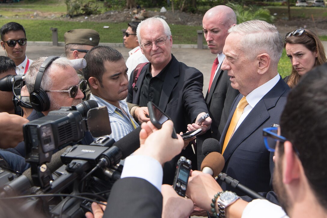 Defense Secretary Jim Mattis speaks to reporters.