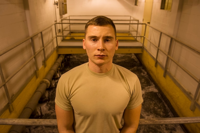 U.S. Air Force Airman 1st Class Jacob Hull, a 354th Civil Engineer Squadron waste water plant operator, poses for a photo Oct. 19, 2017, at Eielson Air Force Base, Alaska. Eielson’s waste water plant is one of five in the Air Force. (U.S. Air Force photo by Airman 1st Class Eric M. Fisher)