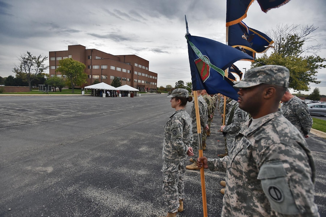 The 85th Support Command’s Training Support and Logistic Support Battalions, and Brigade Support Elements stand in formation ahead of the Assumption of Command Ceremony held at the 85th Support Command headquarters in Arlington Heights, Illinois, October 21, 2017.