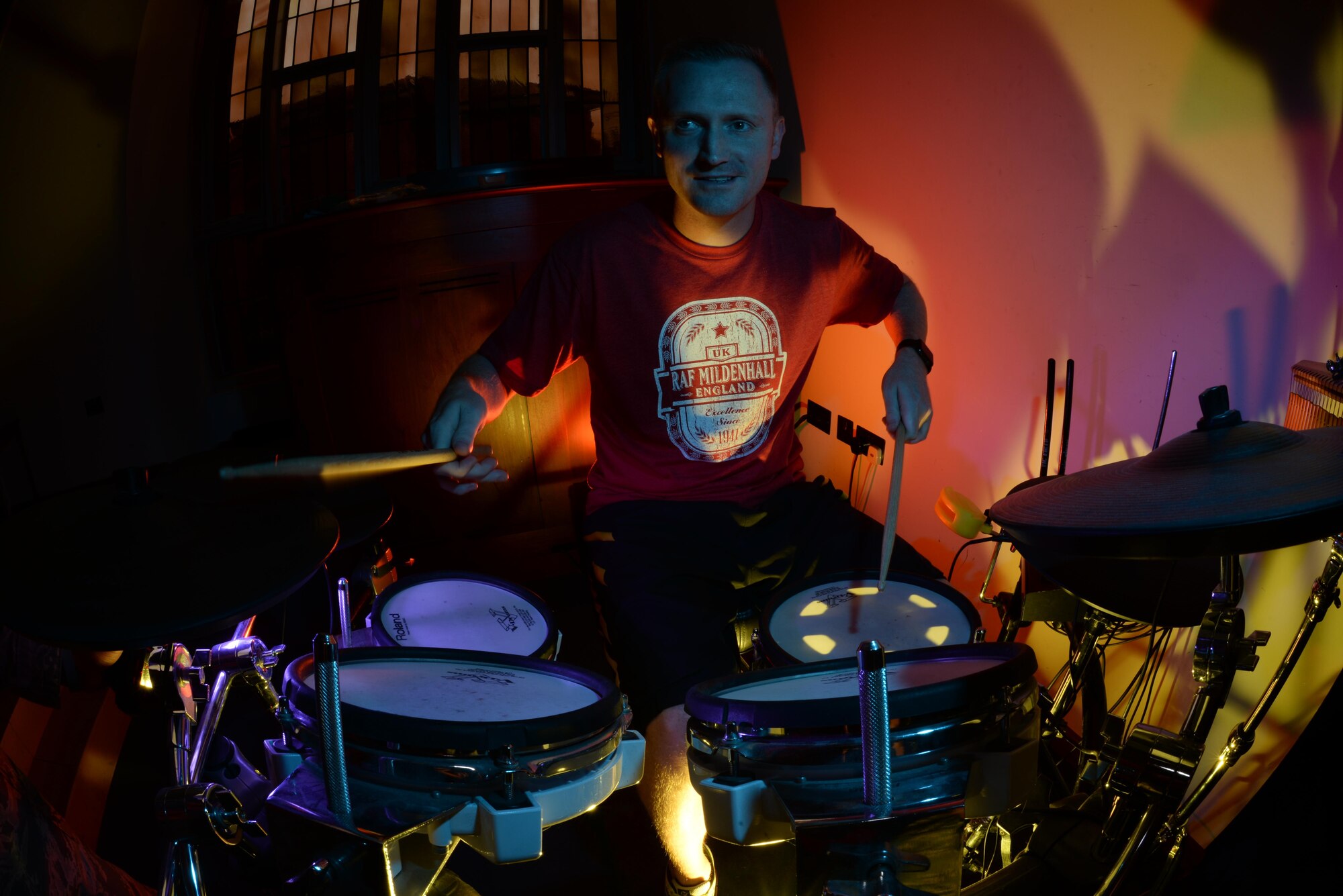 U.S. Air Force Master Sgt. Lucas Shay, 100th Air Refueling Wing Safety superintendent and 100th Air Refueling Wing first sergeant, plays the drums with RAF Mildenhall chapel praise team on Sep. 25, 2017 on RAF Mildenhall, England. Shay has been playing the drums for the chapel for the last two years. (U.S. Air Force photo by Airman 1st Class Alexandria Lee)