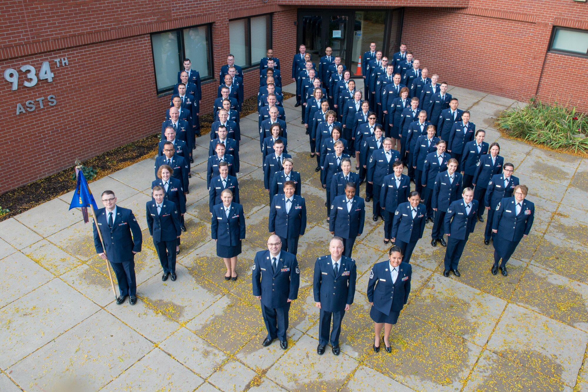 The 934th Aeromedical Staging lines up for a group photo during the October UTA. (Air Force Photo/Master Sgt. Eric Amidon)