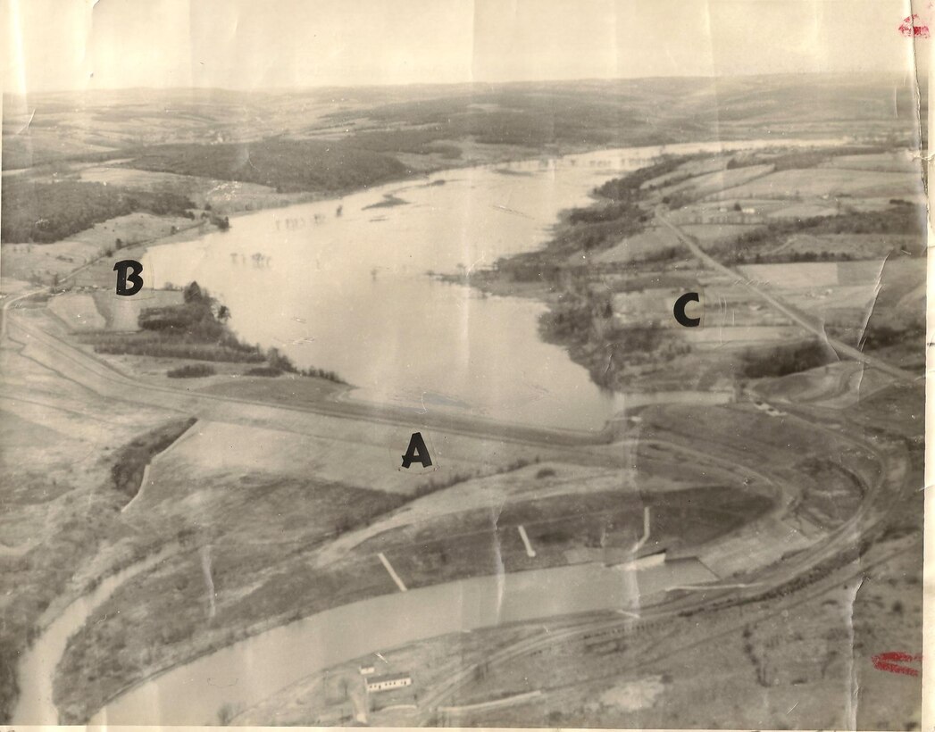 This 1959 photograph shows Whitney Point Lake when the concept of the U.S. Army Corps of Engineers operating the Whitney Point Dam for recreational benefits in addition to flood risk management was initially being discussed. The A notes the dam itself, B is a proposed swimming area and C is a proposed picnic area. Since the 1960s, recreation has been a benefit of Whitney Point Dam and the U.S. Army Corps of Engineers works closely with the Broome County Department of Parks and Recreation, who manages the recreational facilities associated with the lake.