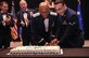Lt. Gen. Charles Brown, U.S. Central Command deputy commander, cuts the Air Force birthday cake with Airman 1st Class Geremy Velez-Masini, 628th Logistics Readiness Squadron distribution fuels operator, during the Air Force Ball in the Charleston Area Convention Center in North Charleston, S.C., Oct. 21, 2017.
