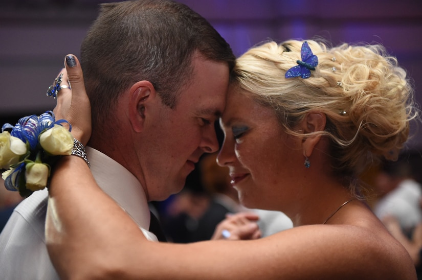Attendees Dowaine Scott and Rachael Peterson dance together during the Air Force Ball at the Charleston Area Convention Center in North Charleston, S.C., Oct. 21, 2017.