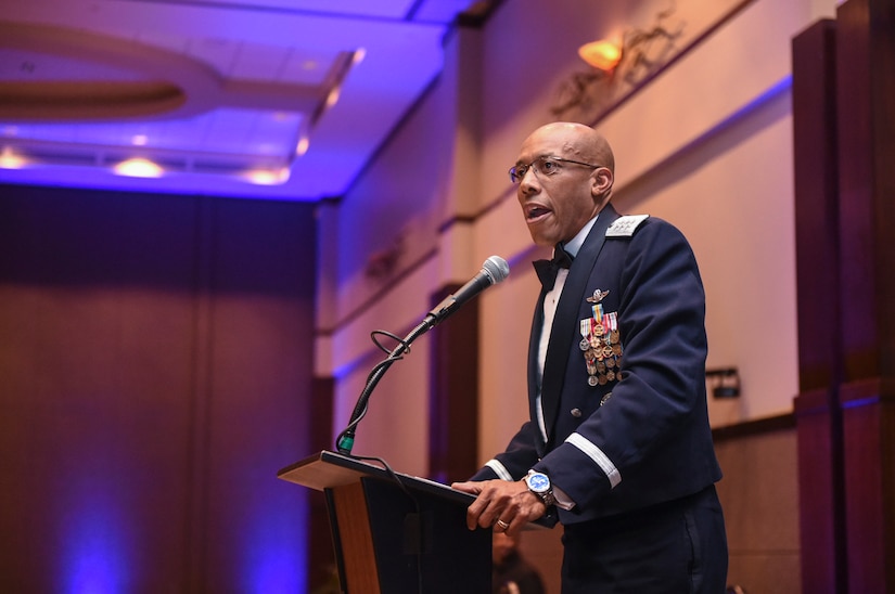 Lt. Gen. Charles Brown, U.S. Central Command deputy commander, delivers a speech at the Air Force Ball in the Charleston Area Convention Center in North Charleston, S.C., Oct. 21, 2017.