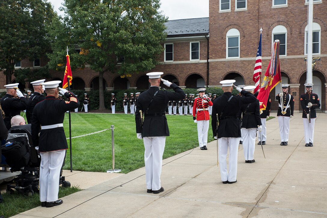 Gunnery Sgt. Sara Sheffield, vocalist, “The President’s Own” U.S. Marine Band, sings the National Anthem during a Beirut Memorial Parade at Marine Barracks Washington D.C., Oct. 23, 2017. The ceremony was conducted to honor the 34th anniversary of the attack on the U.S. and French Barracks in Beirut and remember the fallen service members, and survivors and their families.  (Official Marine Corps photo by Cpl. Robert Knapp/Released)