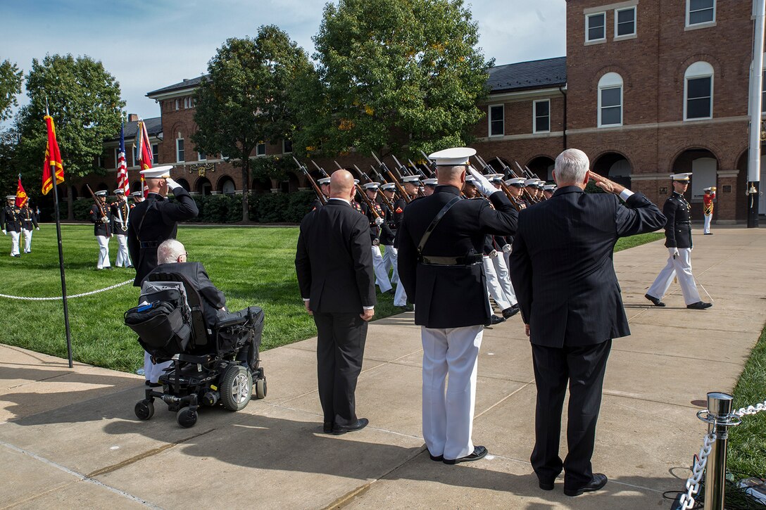 Vice President Mike Pence, Gen. Glenn M. Walters, assistant commandant of the Marine Corps, Lt. Gen. Herbert R. McMaster, assistant to the President for National Security Affairs, and Lt. Col. Howard L. Gerlach, U.S. Marine Corps, retired, render honors for pass and review during a Beirut Memorial Parade at Marine Barracks Washington D.C., Oct. 23, 2017. The ceremony was conducted to honor the 34th anniversary of the attack on the U.S. and French Barracks in Beirut and remember the fallen service members, and survivors and their families.  (Official Marine Corps photo by Cpl. Robert Knapp/Released)
