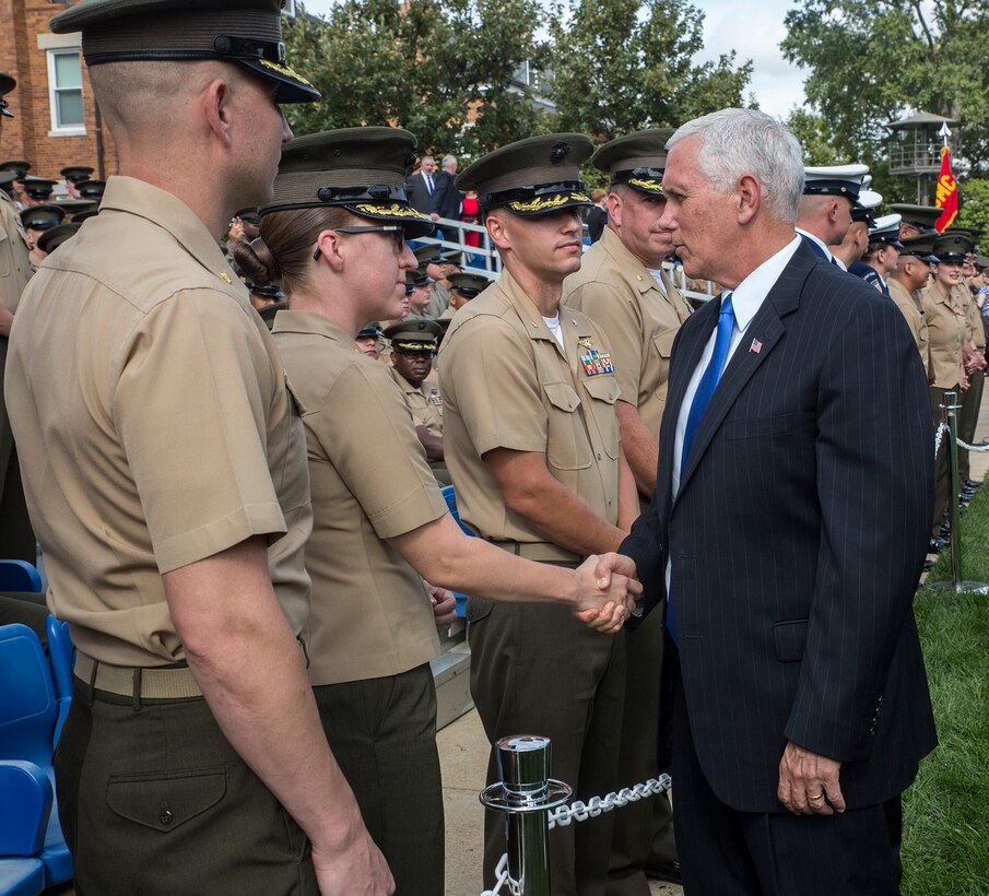 Vice President Mike Pence shakes the hands of U.S. Marines following a Beirut Memorial Parade at Marine Barracks Washington D.C., Oct. 23, 2017. The ceremony was conducted to honor the 34th anniversary of the attack on the U.S. and French Barracks in Beirut and remember the fallen service members, and survivors and their families. (Official Marine Corps photo by Cpl. Robert Knapp/Released)