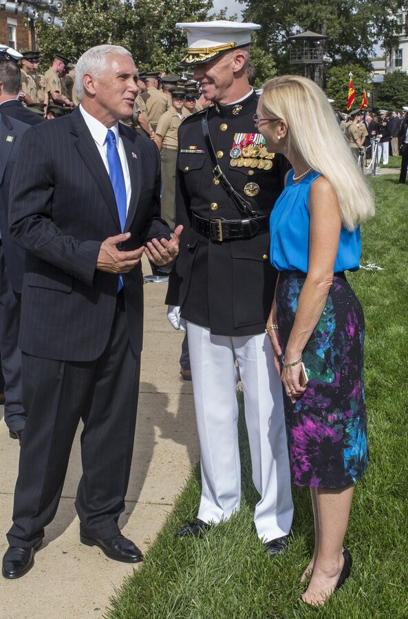 Vice President Mike Pence speaks with Col. Tyler J. Zagurski, commanding officer, Marine Barracks Washington D.C., and his wife, Jill Zagurski, following a Beirut Memorial Parade at the Barracks, Oct. 23, 2017. The ceremony was conducted to honor the 34th anniversary of the attack on the U.S. and French Barracks in Beirut and remember the fallen service members, and survivors and their families. (Official Marine Corps photo by Cpl. Robert Knapp/Released)