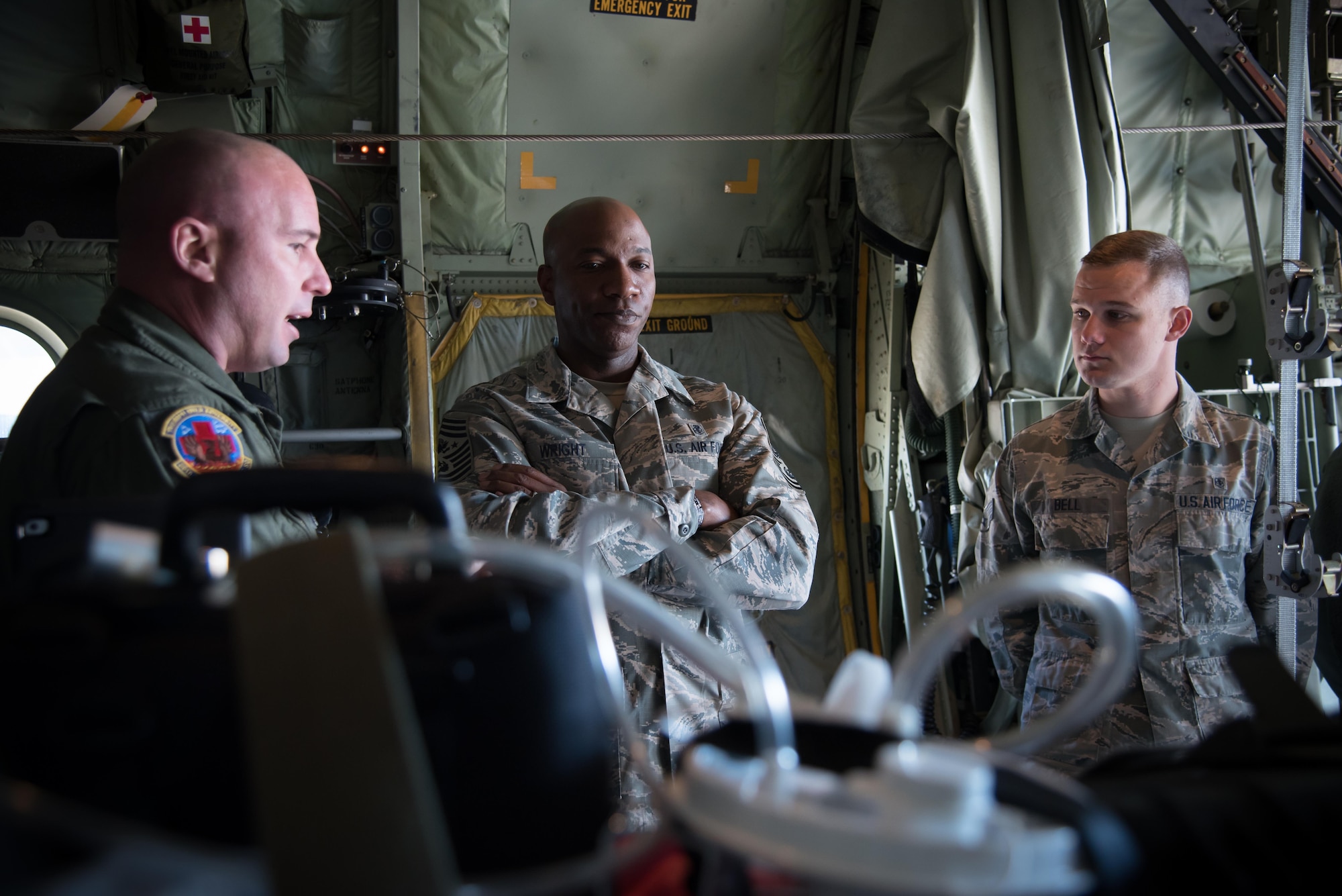 Chief Master Sergeant of the Air Force Kaleth O. Wright learns about the 36th Aeromedical Evacuation Squadron mission from Tech. Sgt. Ryan McClellan, 36th AES aeromedical evacuation technician, during his visit to the 403rd Wing Oct. 25, 2017 at Keelser Air Force Base, Mississippi. (U.S. Air Force photo/Staff Sgt. Heather Heiney)