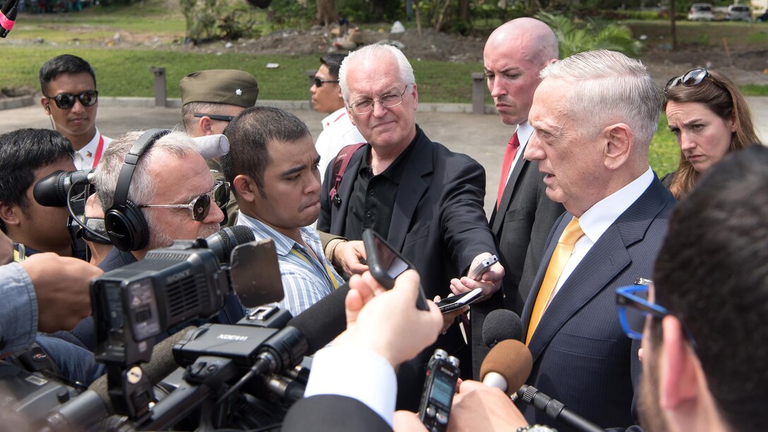 Defense Secretary Jim Mattis speaks to reporters.