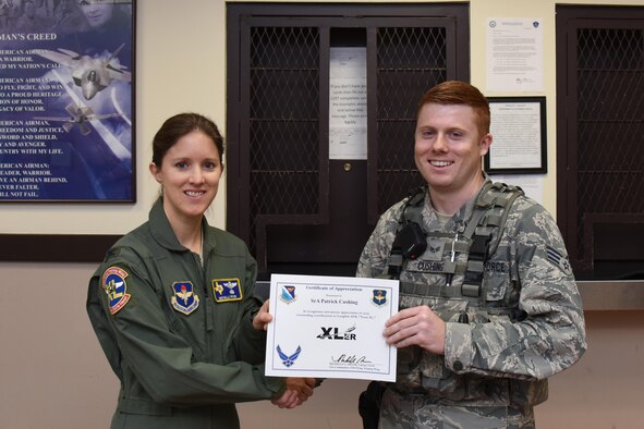 Senior Airman Patrick Cushing, 47th Security Forces Squadron military working dog handler, was chosen by wing leadership to be the “XLer” for the week of Oct. 18, 2017. The “XLer,” a wing-level program, is awarded to those who consistently make outstanding contributions to their unit and Laughlin’s mission.