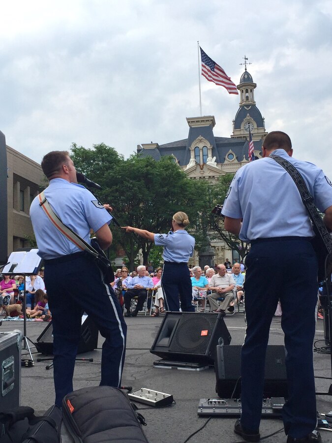 Members of the Air National Guard Band of the Northeast performed a concert in Wooster Ohio on 29 June 2017. This was one of the band's concerts on our 2017 Summer Music Concert Series titled "Celebrating Great American Cities". Pictured are members of High Altitude. (U.S. Air Force Photo/Technical Sgt. Shawn Estes)