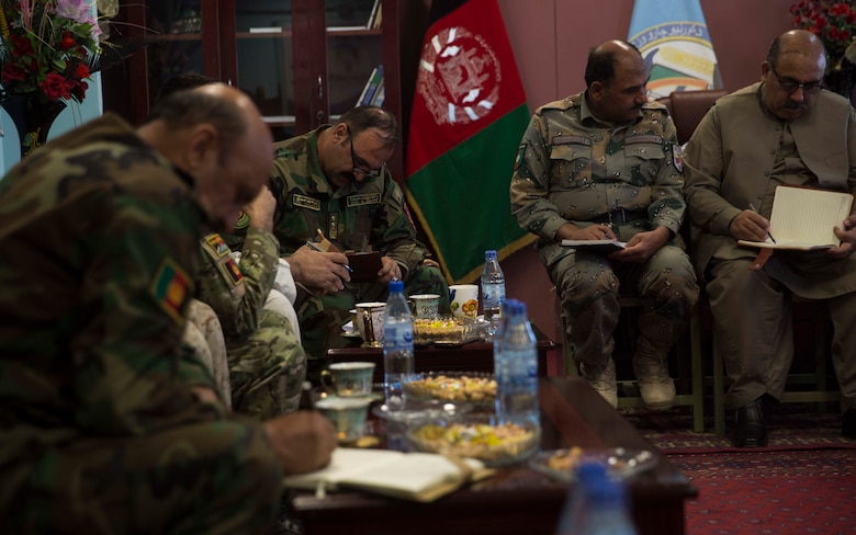 Afghan National Defense and Security Force key leaders review upcoming courses of action for Operation Maiwand Seven at Bost Airfield, Afghanistan, Oct. 15, 2017. U.S. Marine advisors with Task Force Southwest are assisting their ANDSF partners throughout the operation, which is focusing on clearing Taliban fighters from the Nad’Ali district and has allowed for local residents to move back into their homes after being forcibly removed by the Taliban. (Marine Corps photo by Sgt. Justin T. Updegraff)