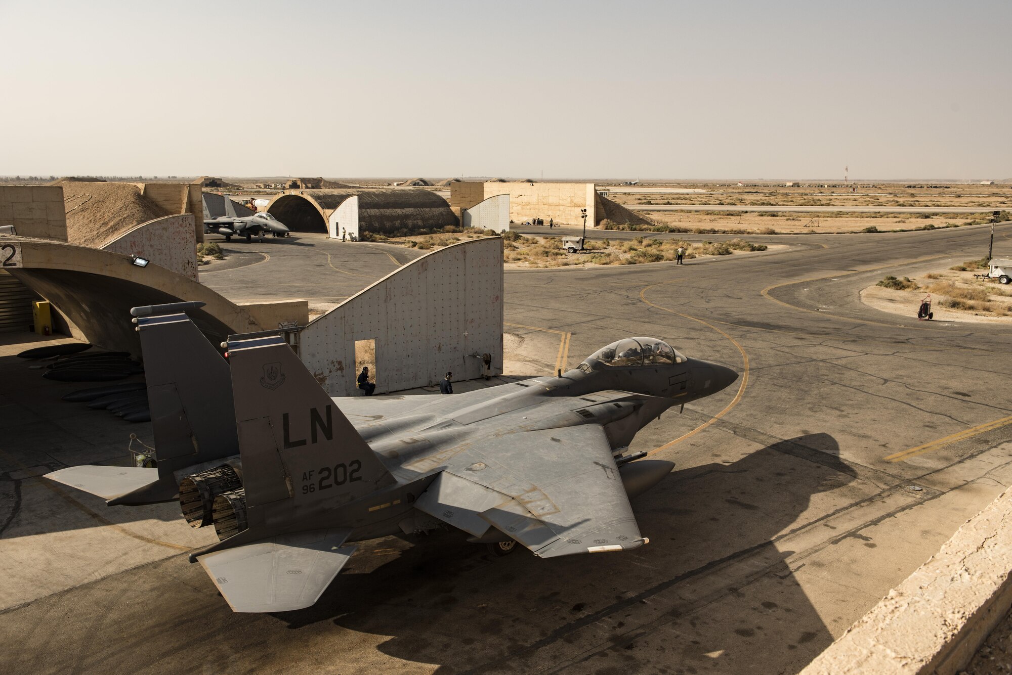 An F-15E Strike Eagle from the 492nd Expeditionary Fighter Squadron is prepared by maintainers assigned to the 332nd Expeditionary Maintenance Squadron prior to takeoff October 9, 2017 in Southwest Asia. The 492nd EFS flew thousands of sorties night and day for the last six months, providing close-air support for Coalition ground forces and neutralizing Islamic State forces in the region.