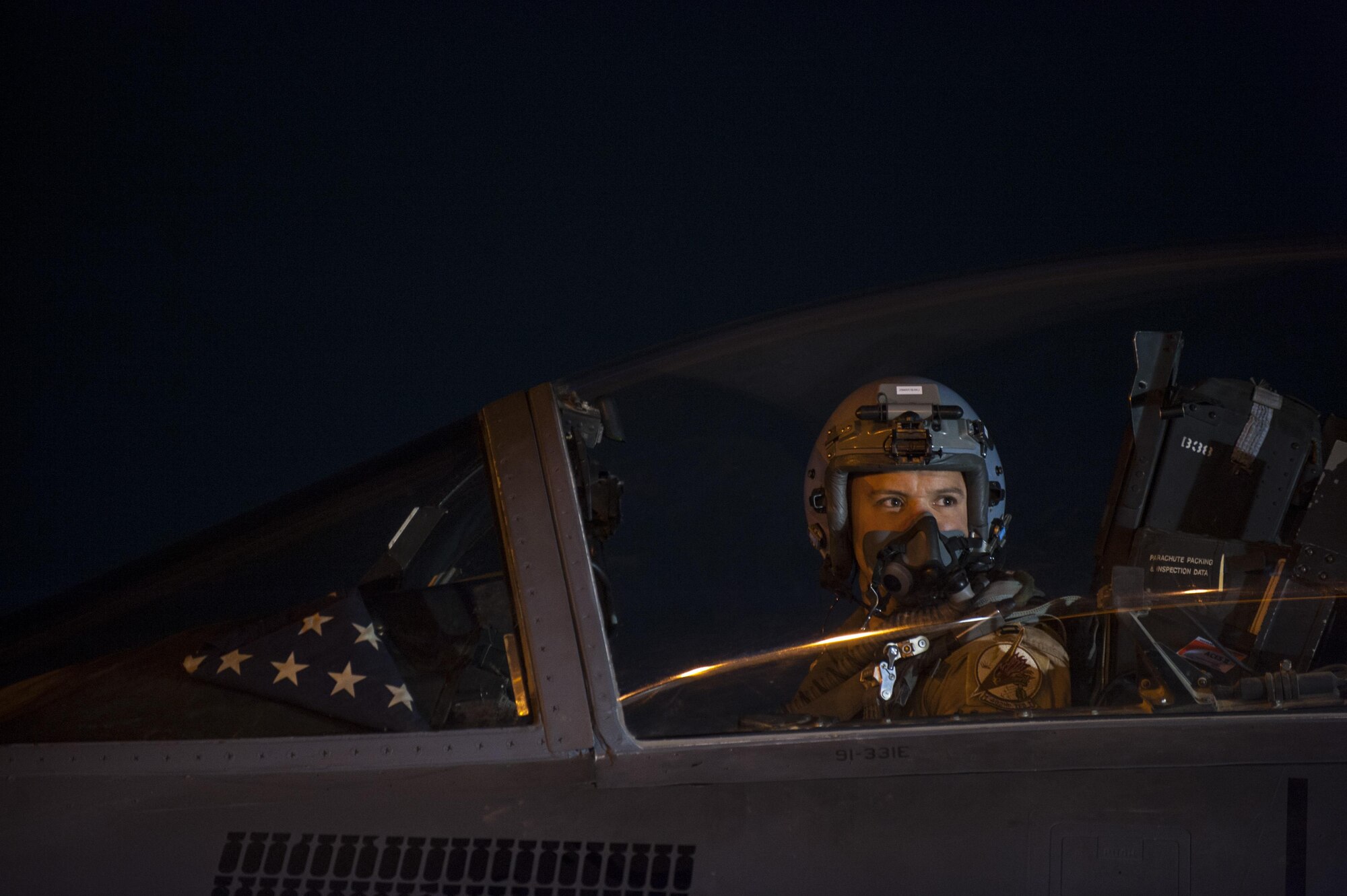 A pilot assigned to the 492nd Expeditionary Fighter Squadron readies his F-15E Strike Eagle for an early-morning takeoff October 4, 2017, at an undisclosed location in Southwest Asia. During their time in the region, the 492nd EFS performed devastating ground attacks on Islamic State fighters, equipment, and economic assets, playing a crucial role in the group’s continuing loss of influence in the area.