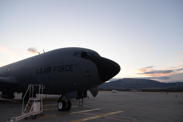 A U.S. Air Force KC-135 Stratotanker sits on the flightline at the Athens International Airport, Athens, Greece, Oct. 25, 2017. The KC-135 is scheduled to conduct air to air refueling training with the Hellenic air force in the upcoming days. (U.S. Air Force photo by Senior Airman Tenley Long)