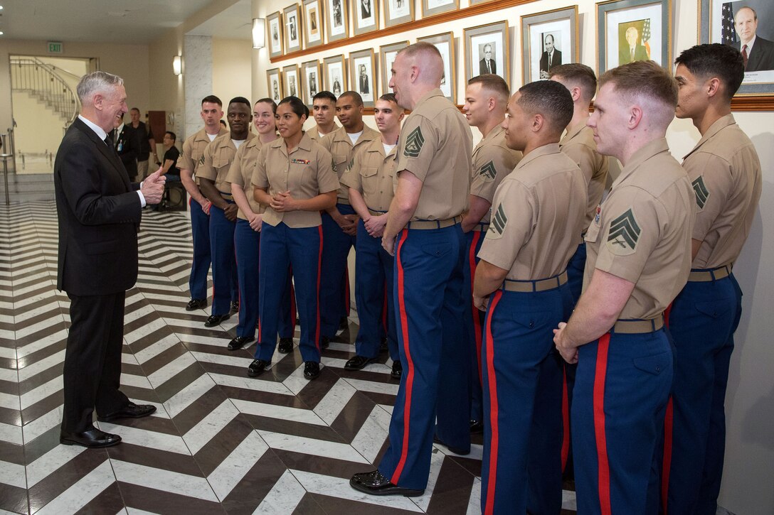 Defense Secretary Jim Mattis speaks with Marines in Thailand.