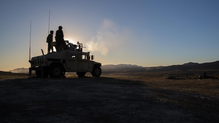 U.S. Marines with 1st Law Enforcement Battalion, I Marine Information Group, fire M2 Browning .50 caliber machine gun during a live fire training exercise on Camp Pendleton, Calif., Oct. 24, 2017. The importance of this exercise was to prepare the Marines for their upcoming deployment with the 13th Marine Expeditionary Unit.