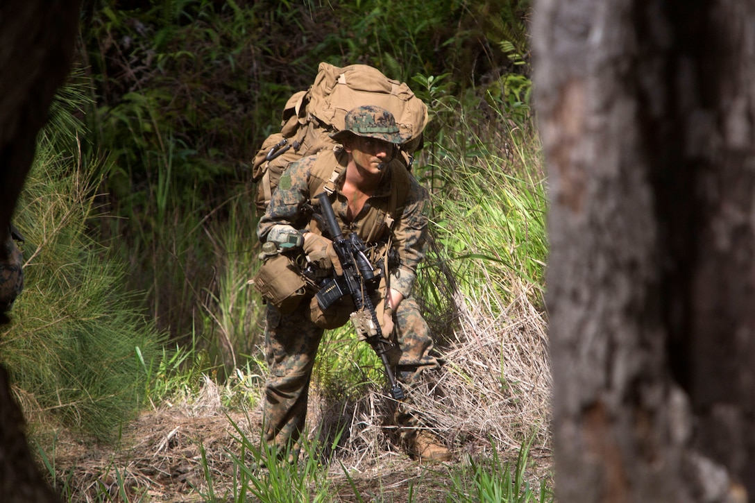 A Marine wearing a large backpack and boonie cap kneels in a forested area during a patrol exercise.