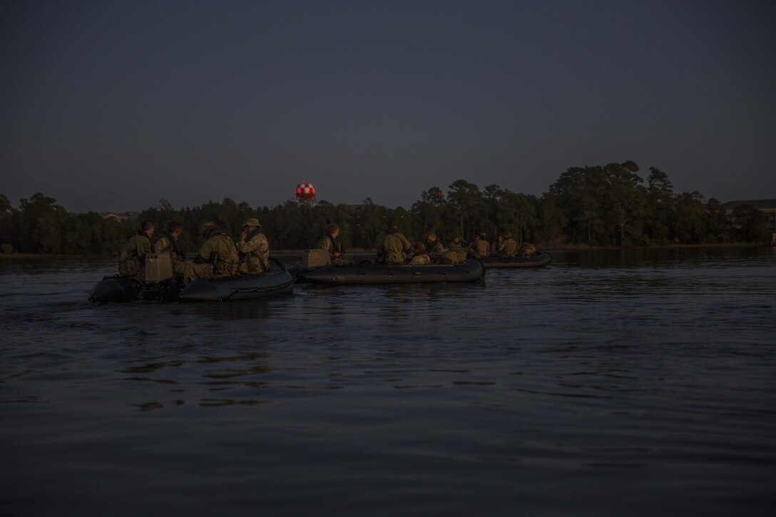 Royal Marines depart on Zodiac Combat Rubber Raiding Crafts for a ground insertion operation during Bold Alligator 17 at Marine Corps Base Camp Lejeune, Oct. 20, 2017. Bold Alligator 17 is a training exercise focused on a regimental amphibious assault that allows the Navy and Marine Corps team to train with partner nations to refine and strengthen core amphibious competencies critical to maritime power projection.
