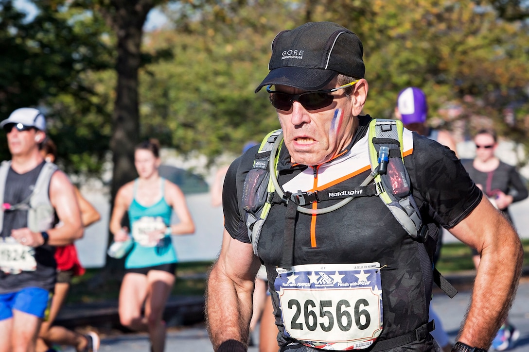 A runner competes in the Marine Corps Marathon.