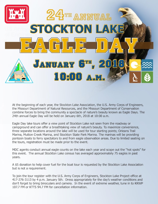 Stockton Lake will host the 24th annual Eagle Day January 6th, 2018. Register for the boat tours by January 5th.