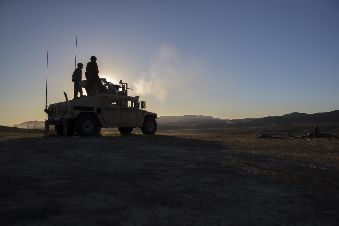 U.S. Marines with 1st Law Enforcement Battalion, I Marine Information Group, fire M2 Browning .50 caliber machine gun during a live fire training exercise on Camp Pendleton, Calif., Oct. 24, 2017. The importance of this exercise was to prepare the Marines for their upcoming deployment with the 13th Marine Expeditionary Unit. (U.S. Marine Corps photo by LCpl Anabel Abreu Rodriguez)