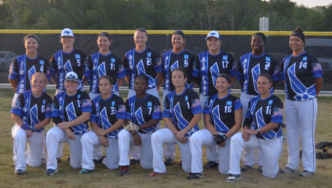 Tech. Sgt. Shameka White, back row, second from right, joins her All-Air Force teammates for a team photo during the Armed Forces Tournament Sept. 19-23 on Joint Base San Antonio-Fort Sam Houston, Texas. White  has played on 10 All-Air Force women's softball teams. (U.S. Air Force photo by Steve Warns)